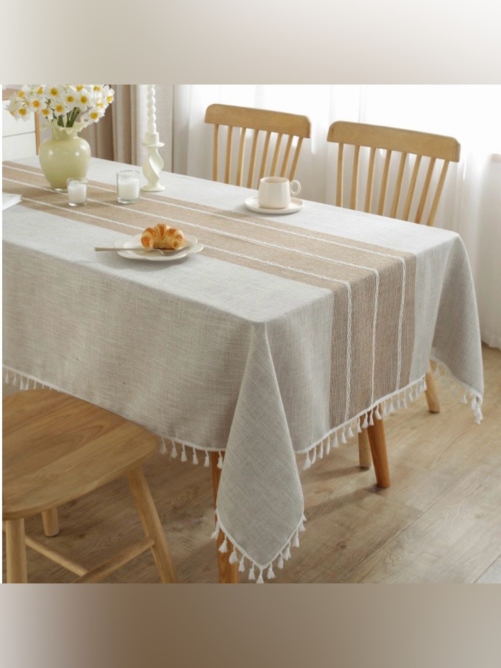 Heavyweight 100% Cotton Tablecloth Embroidered STRIPE Rectangular 55x70” BEIGE